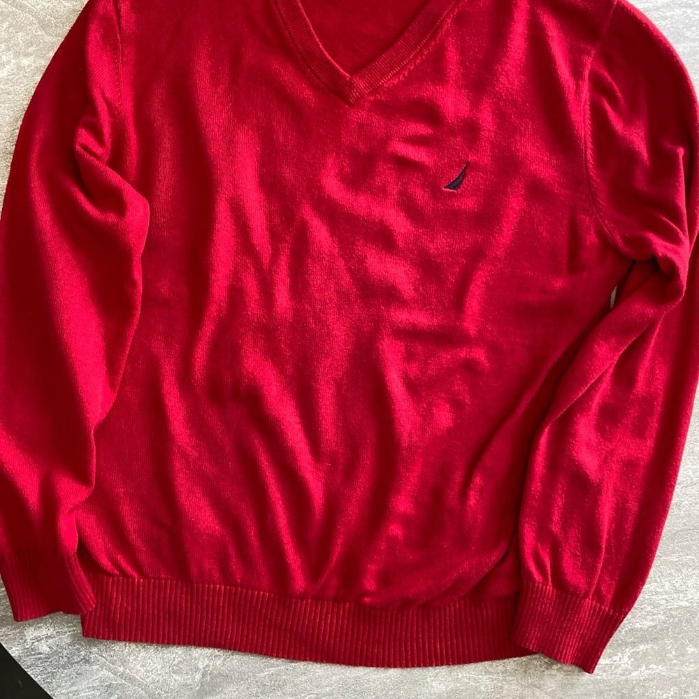 Nautica XL V-Neck Sweater Red Pullover J-Class Logo 100% Cotton